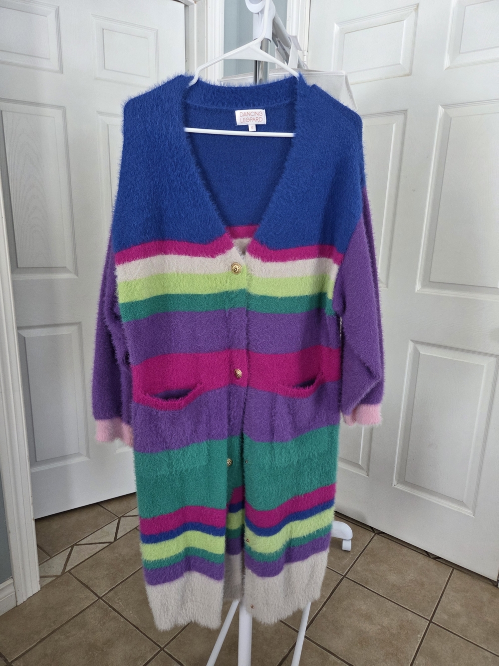 Multicolor Striped Fuzzy Long Cardigan - Blue/Purple/Pink